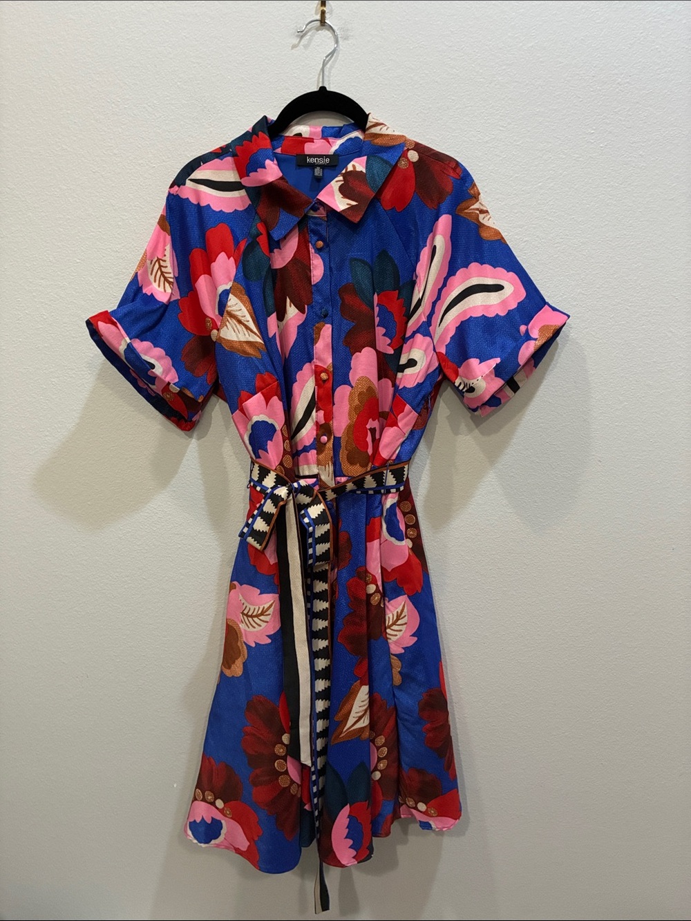 kensie Royal Blue Floral Button-Front Shirt Dress with Belt